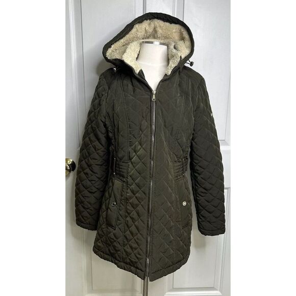 Laundry Shelli Segal Quilted Coat Women’s Medium Detachable Hood Green + Stain** - Picture 2 of 16